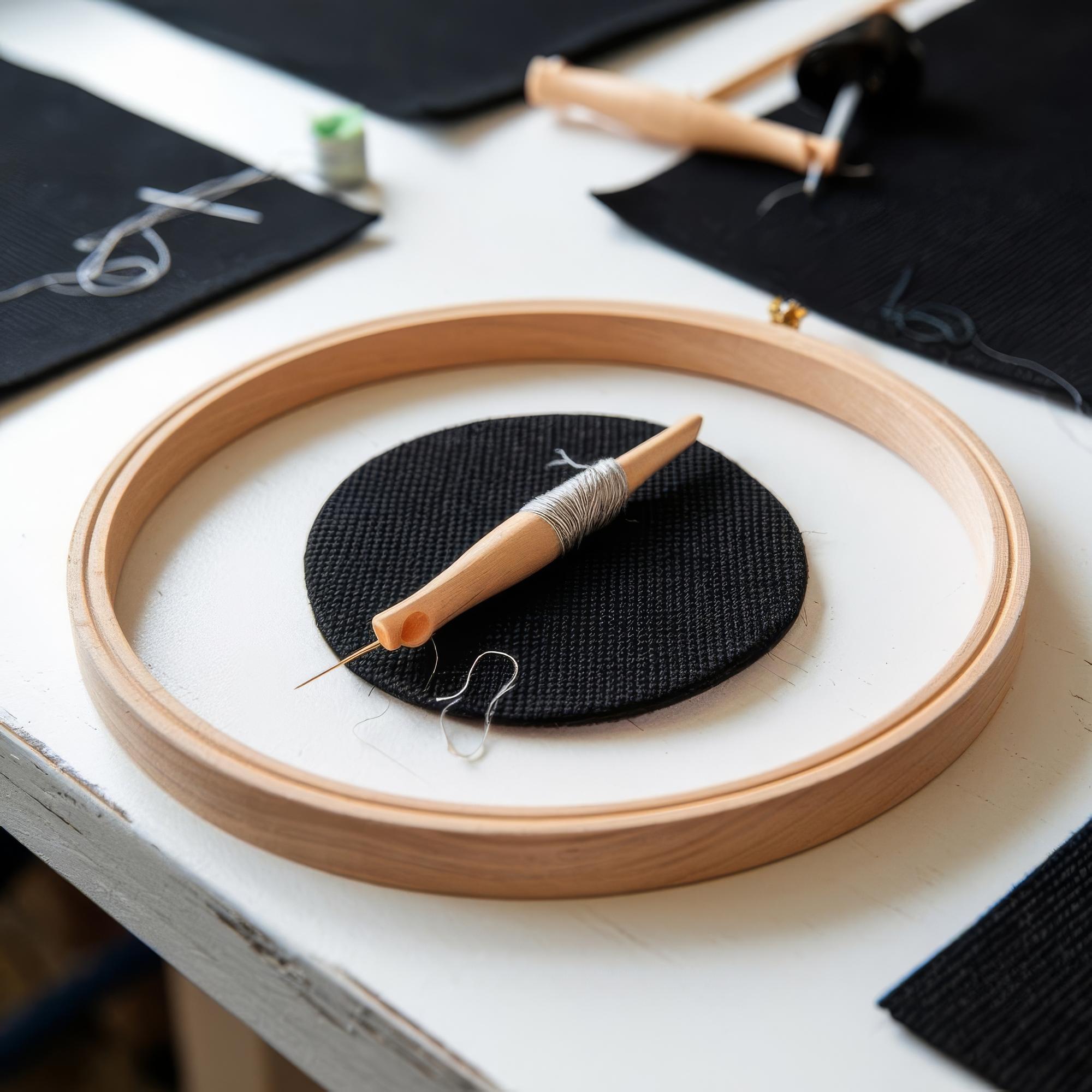 Atelier workspace mit Stickrahmen und Monitor